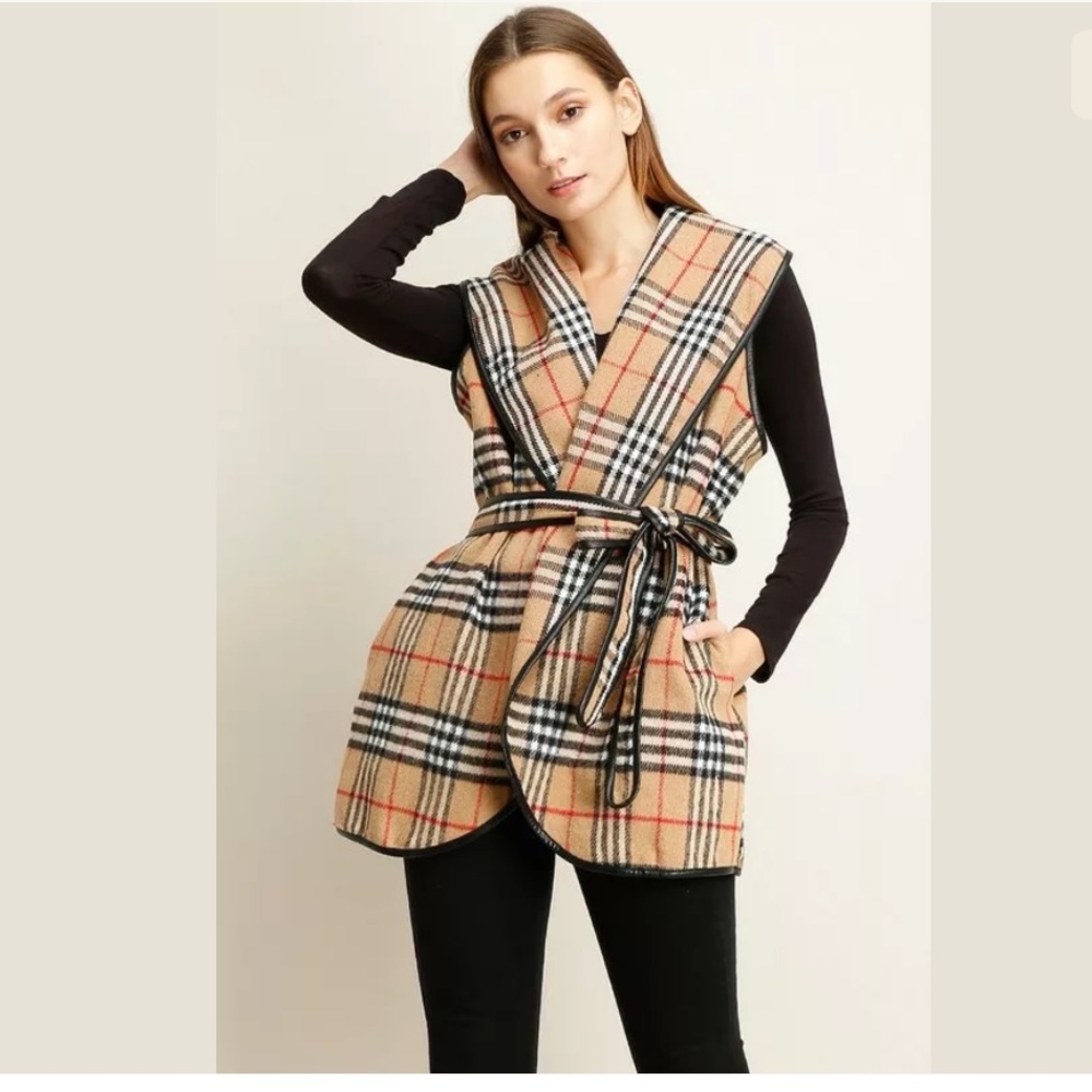Faux Leather Trim Plaid Camel Vest